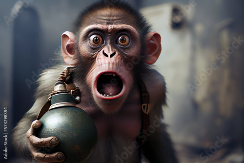 ilustration, a funny monkey in an army uniform with a grenade in his hand, Generative AI