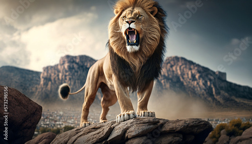 lion on the rock roaring Generative AI