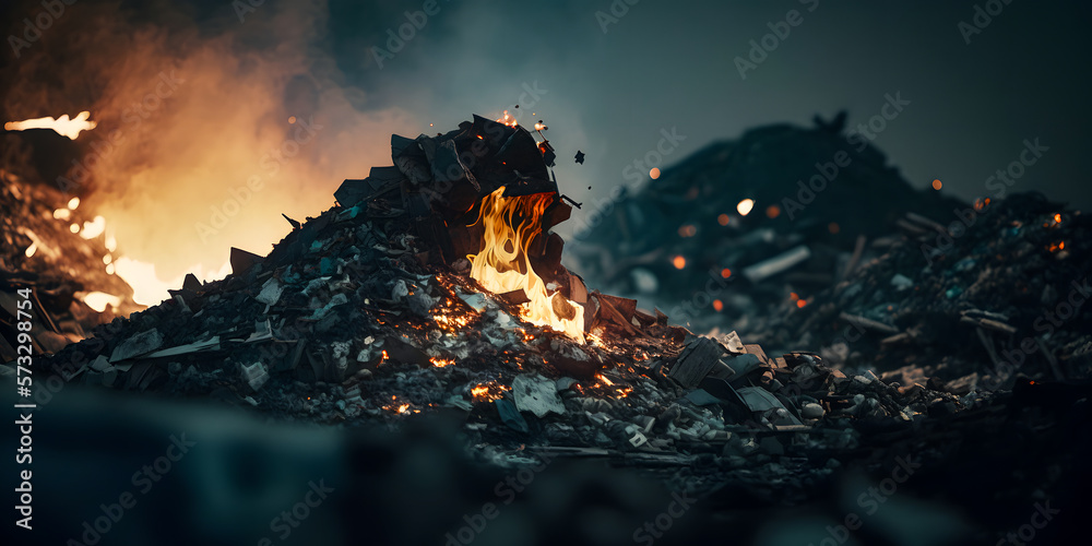 Burning garbage heap with toxic smoke. Banner Waste dump with fire ...