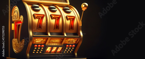 Casino banner, slot machine with 777 symbols, golden color. Generation AI photo