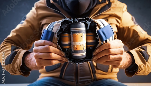 Terrorist man hides explosive bomb on his body. Generation AI