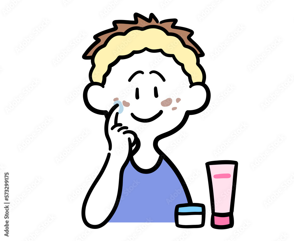 顔のシミに薬を塗り込む男性