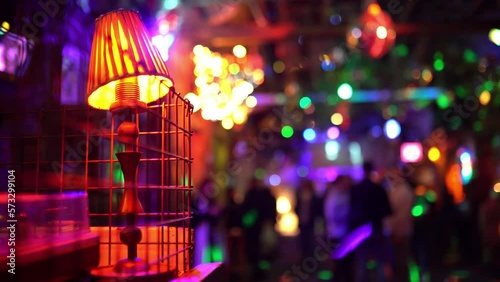 Blurred defocused bar background with night club lights and interior element. Nightlife, ruin pubs of Budapest concept.