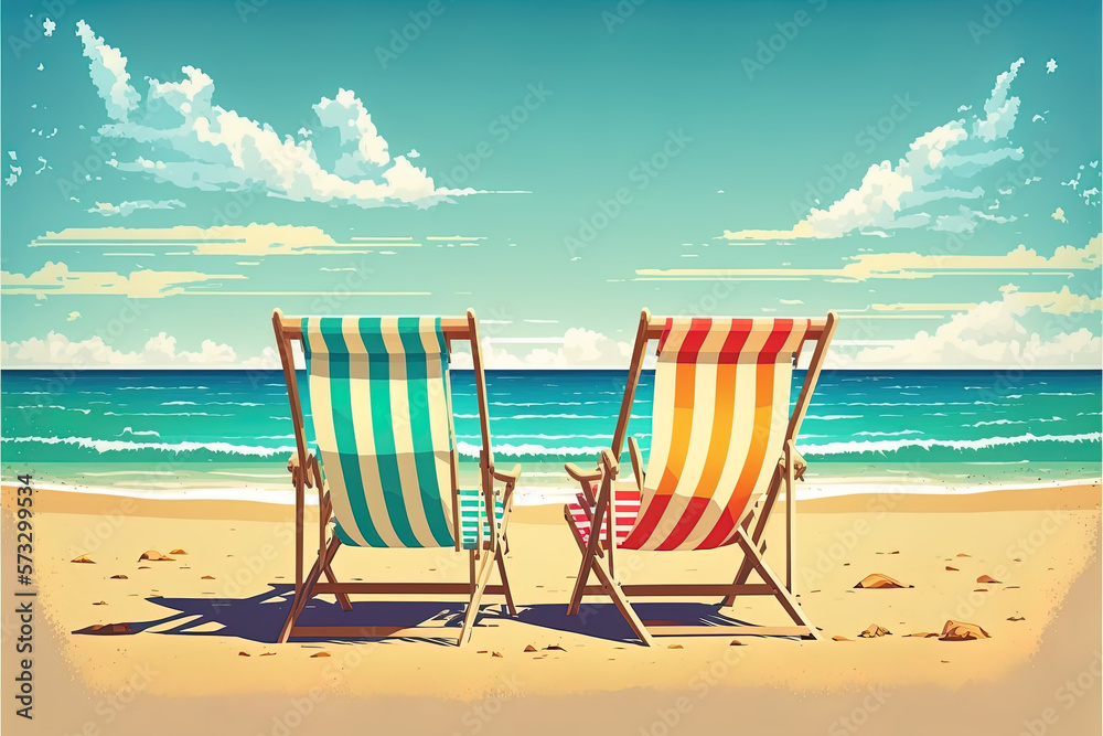 Sommerurlaub am Strand mit Liegestühle und Meerblick, Illustration
Sommerurlaub am Strand mit Liegestühle und Meerblick, Illustration