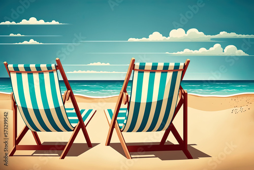 Sommerurlaub am Strand mit Liegest  hle und Meerblick  Illustration