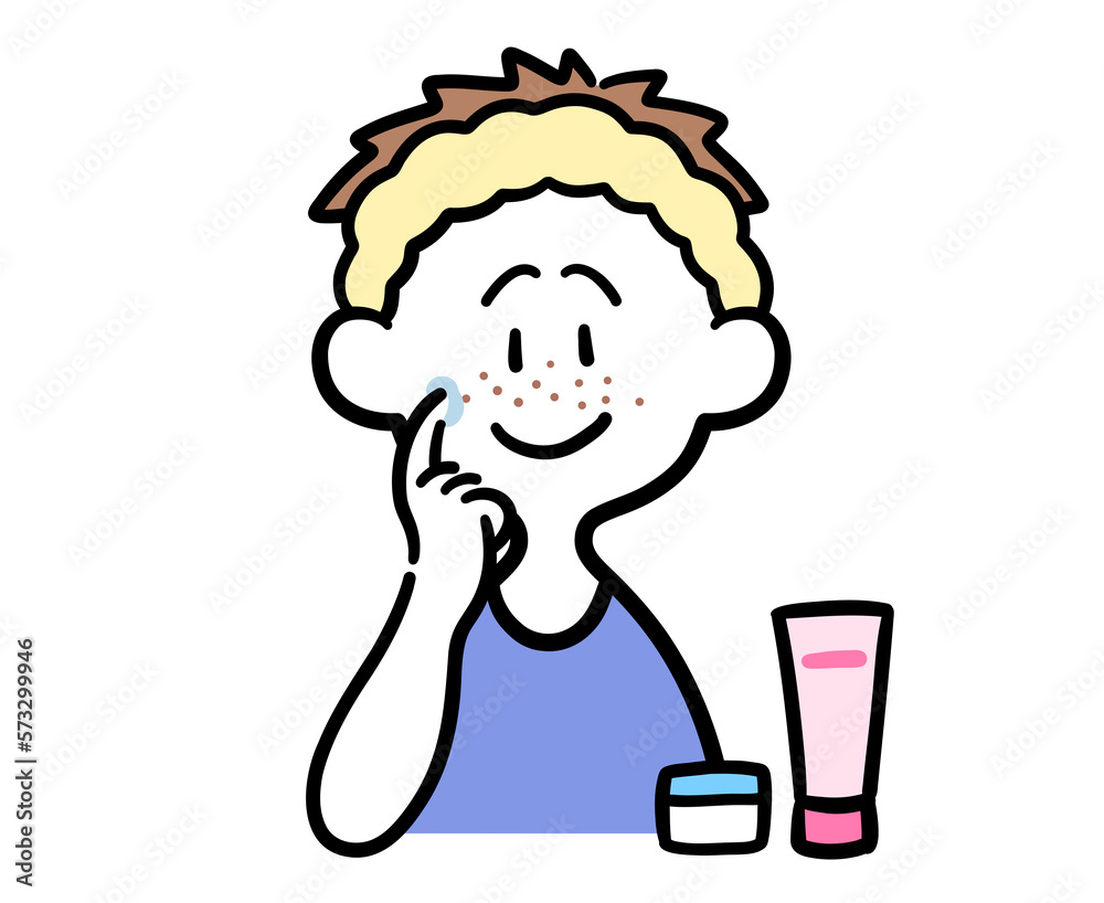 そばかすに薬を塗り込む男性