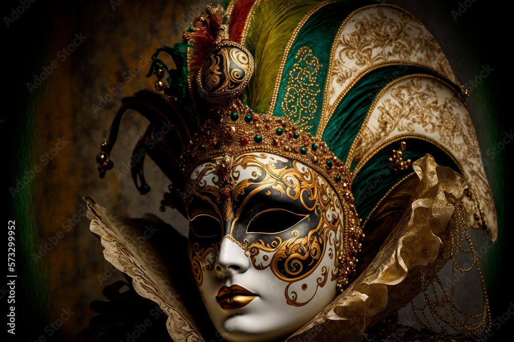 Venetian carnival masks and beads decoration. Mardi gras background. Generative AI