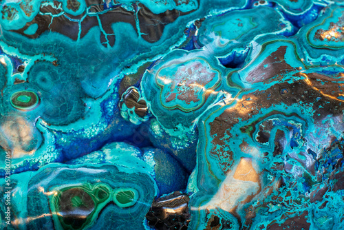 The marbling texture of mineral stone. Natural swirly pattern. Malachite with azurite and chrysocolla. Turquoise abstract background