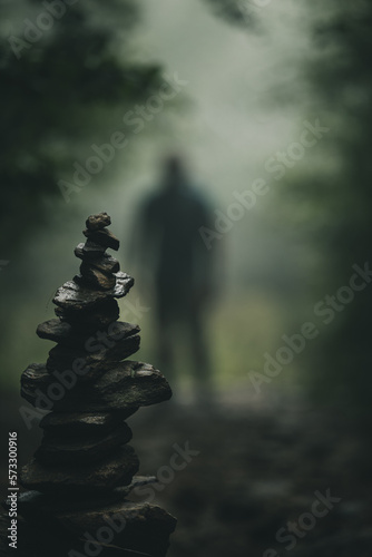 stone cone in a foggy forest, scary shadow of a man