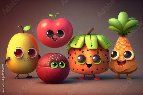 3D Illustration of Cute Cartoon Fruit Characters. Created with Generative AI Technology
