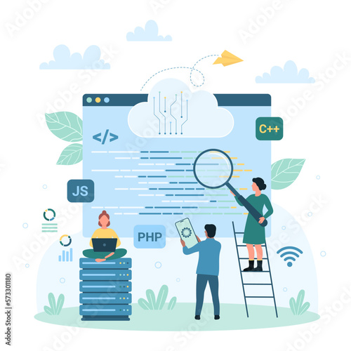 Program code development technology vector illustration. Cartoon tiny people studying script in software window with magnifying glass, developers and testers team using computer, phone or laptop