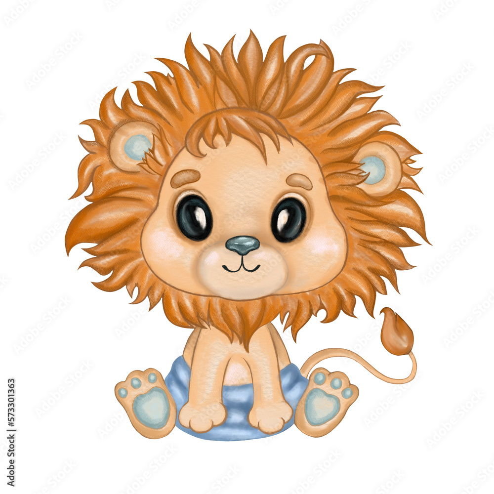 Fototapeta premium Cute lion in nappy illustration. Hand drawn watercolor illustration of a little cartoon baby lion. Design for nursery wall art, textile, greeting cards, invitations, wallpapers.