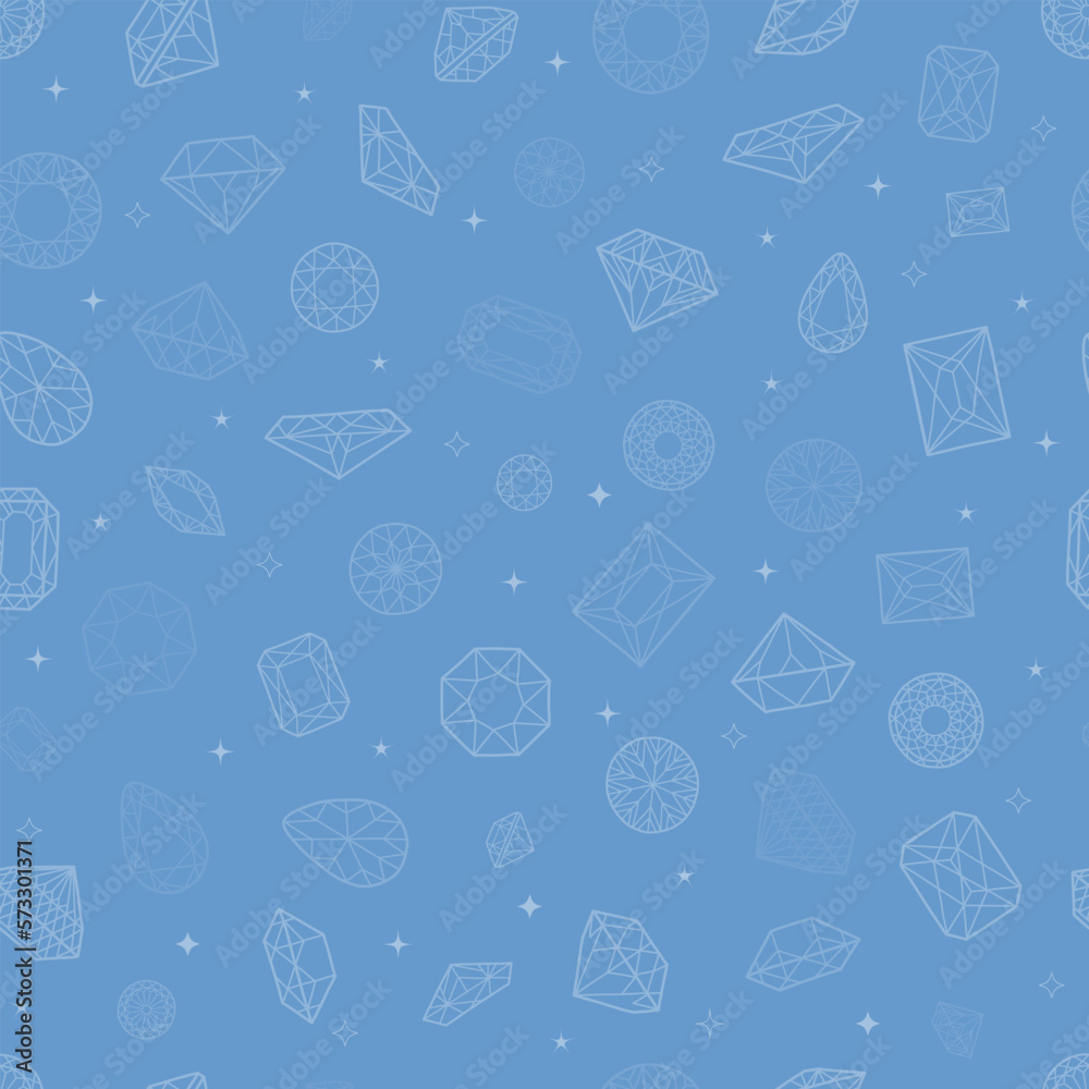 Vector line diamond, crystals, gems on blue background, seamless pattern. For wallpaper, pattern fills, web page background, texture with gemstones, stars, diamonds, hand drawn or doodle illustration. Vector line diamond, crystals, gems on blue background, seamless pattern. For wallpaper, pattern fills, web page background, texture with gemstones, stars, diamonds, hand drawn or doodle illustration.