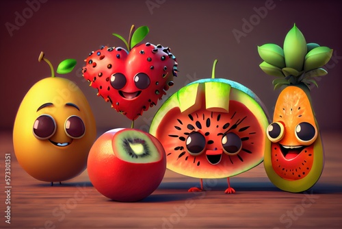 Cute Cartoon Fruit Characters. Created with Generative AI Technology