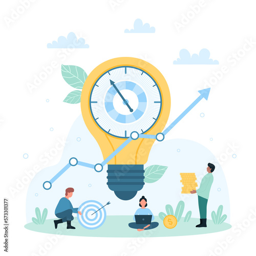 Time management, creative project organization vector illustration. Cartoon tiny people holding target, laptop and money, control workflow process and deadline with big timer inside light bulb