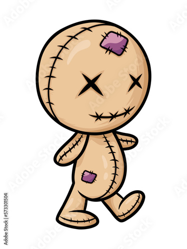 Crazy voodoo doll. Colored cute evil doll isolated. Sewn voodoo doll walking through. Vector illustration. Design for stickers, cards, invitations. Stitched thread funny zombie monster. 