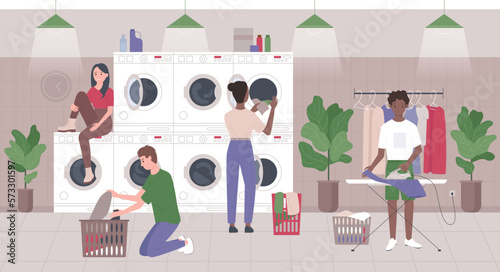 Public laundry vector illustration. Cartoon people using self service laundromat with automatic washing and drying machines, characters wash, iron clothes in modern industrial launderette interior