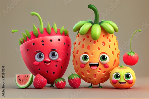 Cute Cartoon Fruit Characters. Created with Generative AI Technology