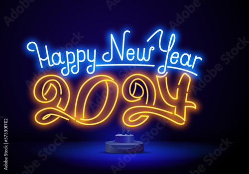 2024 number icon. Happy New Year. Neon style. Light decoration icon. Bright electric symbol. 2024 Happy New year. Red blue neon style on black background. Light icon 2024.