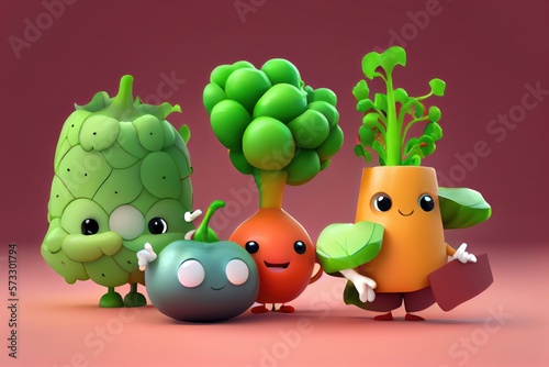 3D Illustration of Cute Cartoon Vegetables Characters. Created with Generative AI Technology