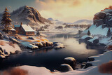 Frozen mountain lake in winter landscape, Winter and mountains landscape. Beautiful snow scenery. AI Generative illustration