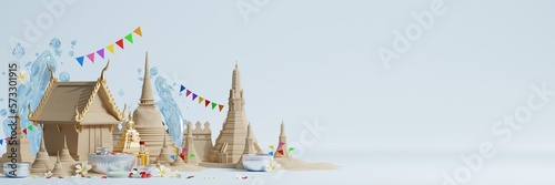 3d Songkran festival background in thailand water festival 3d with with blue water splash,thai architecture. ( Translation thai : Songkran Thailand )
