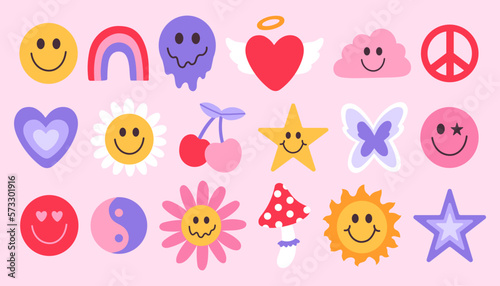 Y2K set of icons hearts, butterflies, badges and stickers. Glamorous vector Y2k, the 00s. Nostalgia for the 2000 years. 