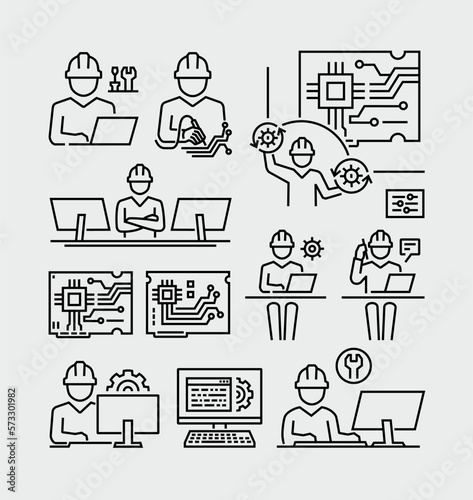 Engineer Technician Work on Computer Hardware Engineering Vector Line Icons