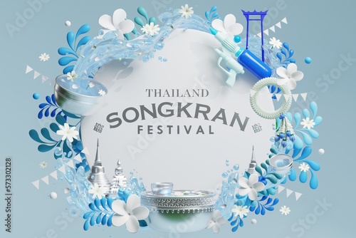 3d Songkran festival background in thailand water festival 3d with with blue water splash,thai architecture. ( Translation thai : Songkran Thailand )
