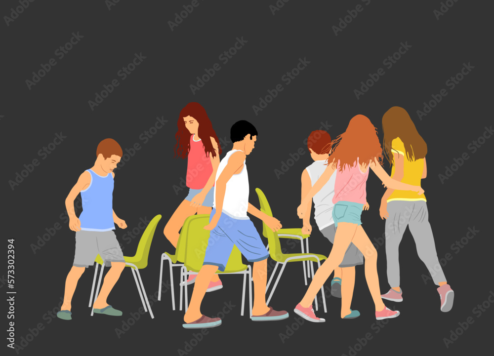 Children playing musical chairs game vector illustration isolated on