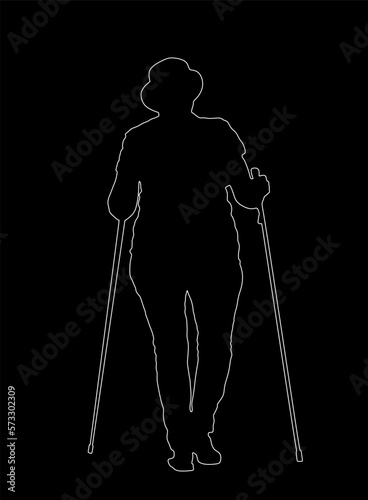 Nordic walking vector silhouette illustration isolated on black background. Senior person hiking outdoor in park. Old lady walking with sticks. Woman walking nordic style with sticks. Active woman.