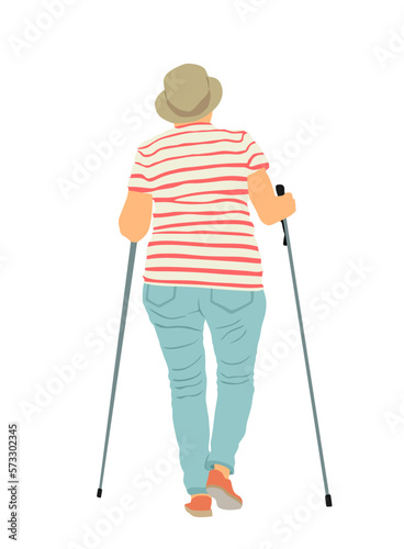 Nordic walking vector illustration isolated on white background. Senior person hiking outdoor in park. Old lady walking with sticks. Woman walking nordic style with sticks. Active woman. Recovery time
