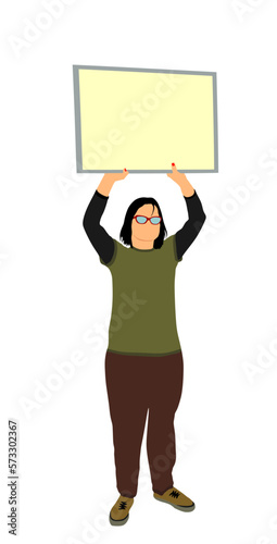 Demonstrator woman protester hold banner in hands vector illustration isolated. Hand holding protest placard sign on demonstration, revolution meeting. Loud girl laborer with poster on street event.