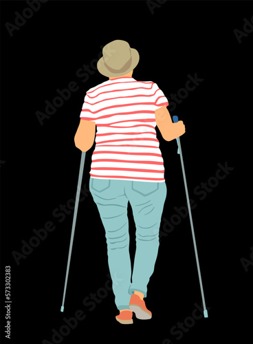 Nordic walking vector illustration isolated on black background. Senior person hiking outdoor in park. Old lady walking with sticks. Woman walking nordic style with sticks. Active woman. Recovery time