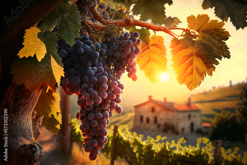 Vine grown, ripe wine grapes in Tuscany, Italy. Beautiful winery and vineyard. Generative AI photo
