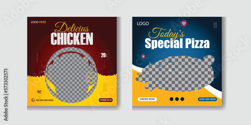 Fast food restaurant business marketing social media post or web banner template design with abstract background. Fresh pizza, burger online sale promotion flyer.