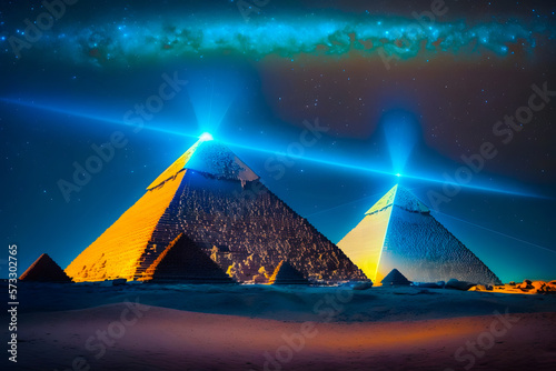 Luminous rays around the Egyptian pyramids  signals to space to alien civilizations. Generative AI