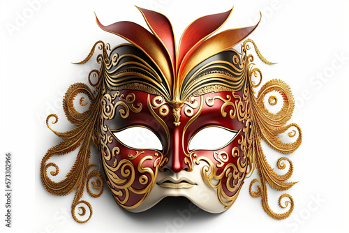 Illustration Of A Red, White And Golden Mardi Gras Mask With Nose And Lips On a White Background © Awesomextra
