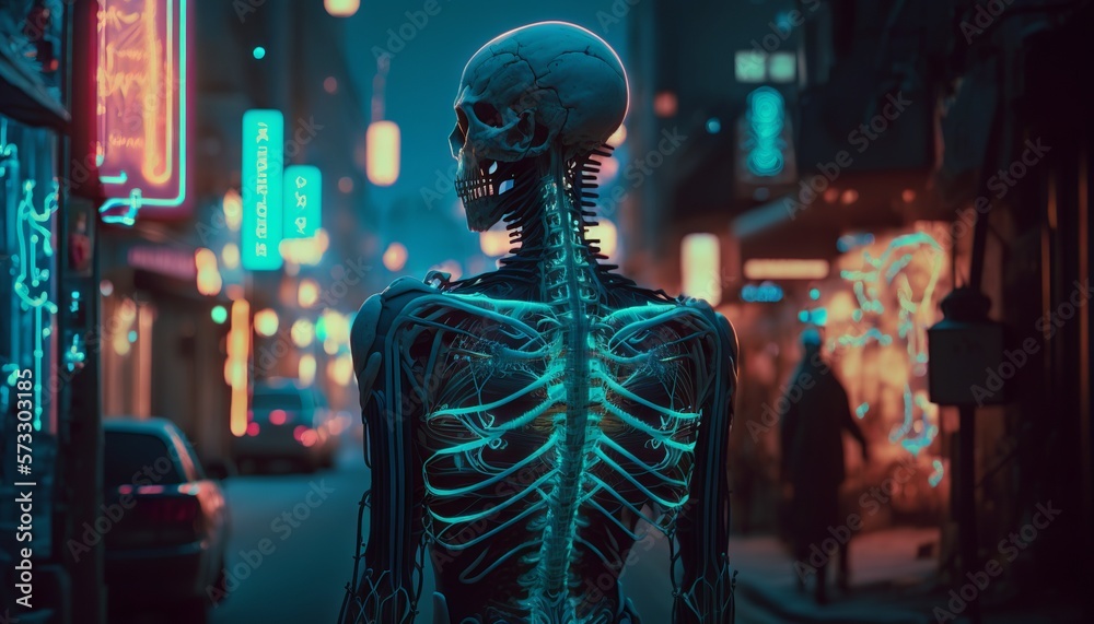 Generative AI of a human skeleton in a city street at night Generative AI of a human skeleton in a city street at night