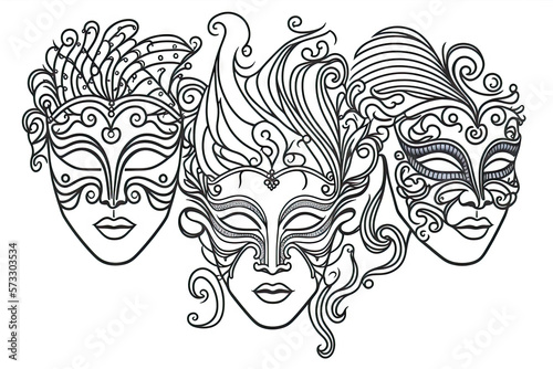 Line Art Of People Wearing Mardi Gras Mask Illustration On White Background
