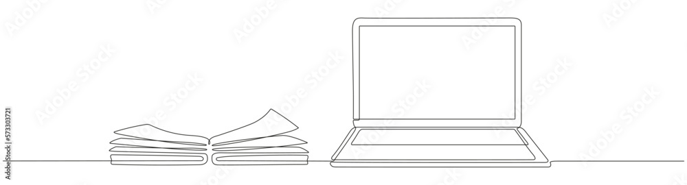 Obraz premium Continuous line drawing of laptop with book. Online education linear illustration. Vector isolated on white.