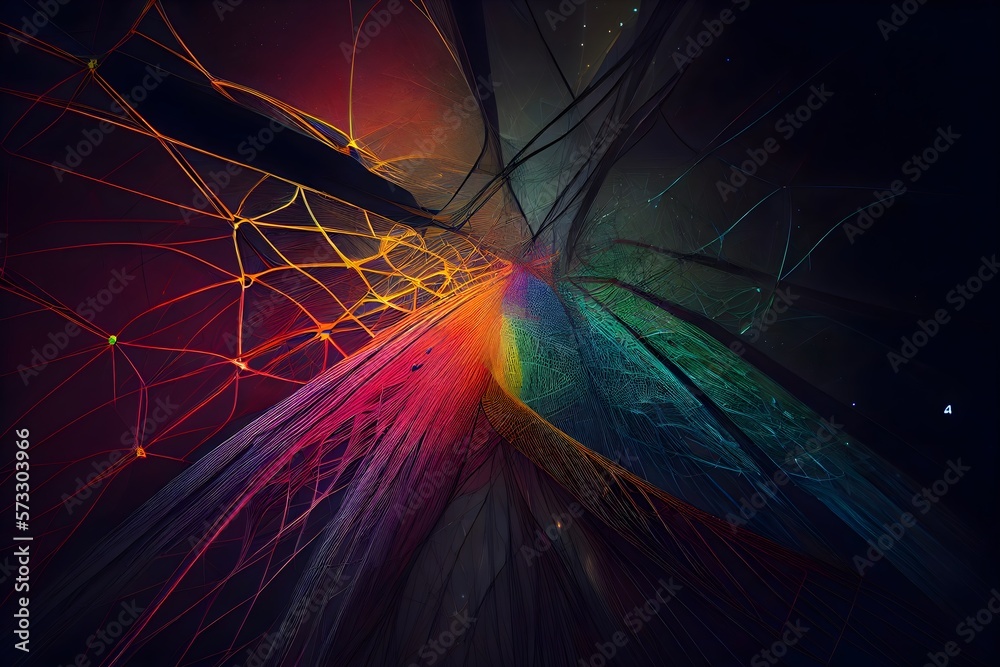 An intricate network of rainbow-hued wires that form an intricate web throughout a dark space
