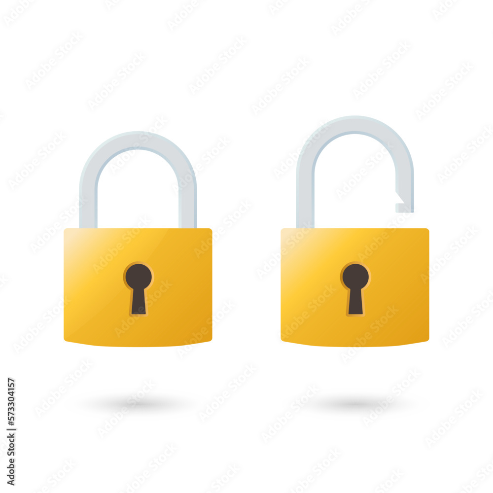 Locked and unlocked padlock vector illustration. Illustration of an isolated closed and open padlock on a white background. Suitable for design element of security protection. Locked and unlocked padlock vector illustration. Illustration of an isolated closed and open padlock on a white background. Suitable for design element of security protection.