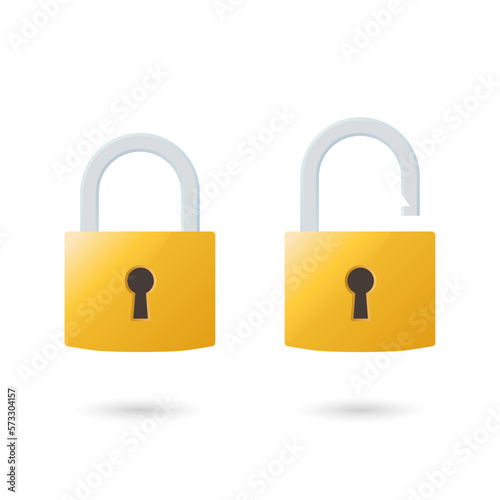 Locked and unlocked padlock vector illustration. Illustration of an isolated closed and open padlock on a white background. Suitable for design element of security protection.