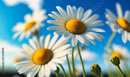 A group of daisies swaying in a gentle breeze  with a bright blue sky in the background