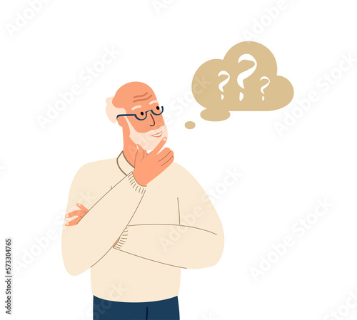 Dementia and Memory Loss Concept.Senior Man with Question Signs. Old Male Character with Mental Problems,Psychological Problem.Alzheimer Disease Isolated on White Background.People Vector Illustration
