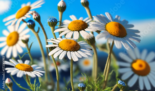 A group of daisies swaying in a gentle breeze, with a bright blue sky in the background
