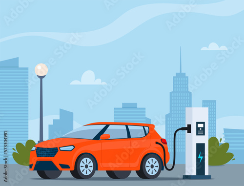 Fototapeta Naklejka Na Ścianę i Meble -  Electric car charging, side view. Modern urban landscape with high-rise buildings skyscrapers. Ecologically clean transport, eco-city. Vector illustration.
