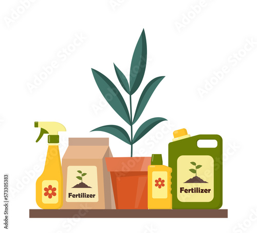 Potted plant and packing with soil. Potting soil, various fertilizers in bottles and spray gun. Vector illustration in flat style.