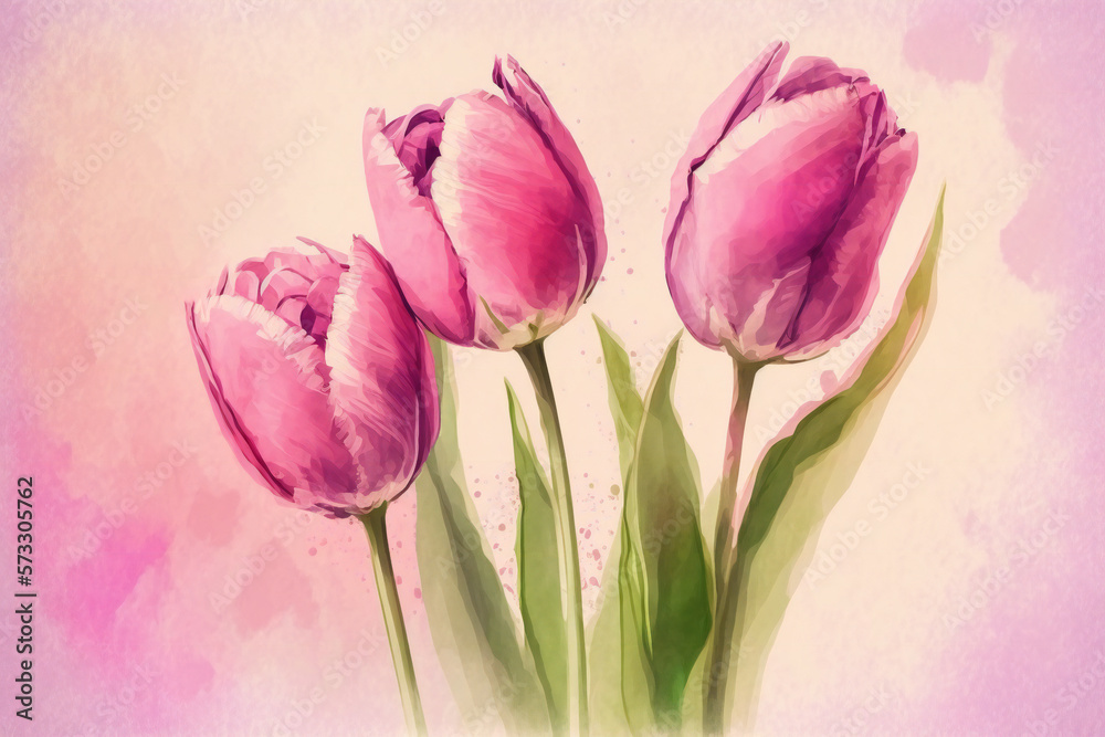 Fototapeta premium Illustration of pink tulips on pink background, ai generated